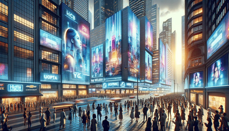 DALL·E 2023-11-20 15.05.09 - Create a 16_9 image showing a bustling urban scene where buildings are adorned with CGI-style advertising. The image should depict a diverse group of 