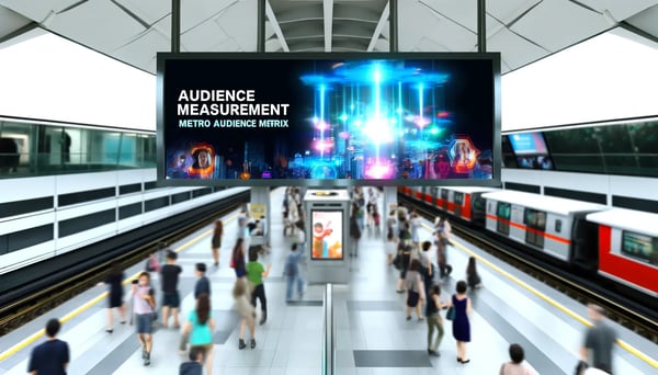 DALL·E 2024-04-30 09.26.21 - A high-tech digital billboard located in a bustling metro station, displaying a futuristic advertisement with the texts Audience Measurement and Me